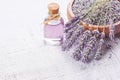 Glass bottle of Lavender essential oil with fresh lavender flowers and dried lavender seeds on white rustic table Royalty Free Stock Photo