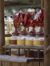 Glass bottle of liquor at local shop in rural of Thailand. Royalty Free Stock Photo