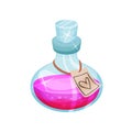 Glass bottle of love potion, label with heart. Vial with magic elixir. Bright pink liquid. Flat vector icon Royalty Free Stock Photo