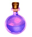 Glass bottle with magic violet purple love potion with wooden cork. Watercolor markers hand drawn illustration in realistic