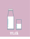 Glass bottle of milk with glass on the pink background. Vector ilustration.