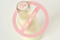 Glass bottle of milk with restriction sign with Stop lactose tex Royalty Free Stock Photo