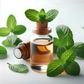 glass bottle of mint essential oil on white background