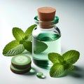 glass bottle of mint essential oil on white background