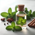 glass bottle of mint essential oil on white background