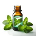 glass bottle of mint essential oil on white background