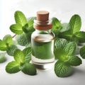 glass bottle of mint essential oil on white background