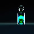 Small glass bottle at night with glowing deadly poison or small trapped ghost with copy space gena