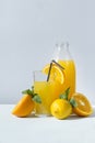 Glass and bottle of orange juice with mint, half fresh orange, lemon, grey background Royalty Free Stock Photo