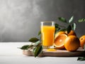 Orange fresh juice on white table. Horizontal composition delicious fruit and drink citrus