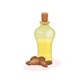 Glass bottle of organic almond oil and heap of nuts. Natural product used in culinary and cosmetics. Flat vector icon