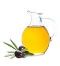 Glass Bottle of Organic Olive Oil and Black Olive Royalty Free Stock Photo