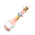 A glass bottle with pink champagne flying out with a cork. Watercolor illustration. An isolated object from a large set Royalty Free Stock Photo