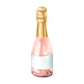 A glass bottle with pink wine or champagne, closed with golden foil and an empty white label. Watercolor illustration Royalty Free Stock Photo