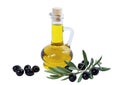 Glass bottle of premium olive oil and some ripe olives