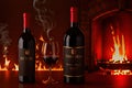 Glass and bottle of red wine on fire background, generative ai Royalty Free Stock Photo