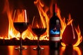 Glass and bottle of red wine on fire background, generative ai Royalty Free Stock Photo