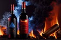 Glass and bottle of red wine on fire background, generative ai Royalty Free Stock Photo