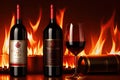 Glass and bottle of red wine on fire background, generative ai Royalty Free Stock Photo