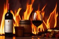 Glass and bottle of red wine on fire background, generative ai Royalty Free Stock Photo