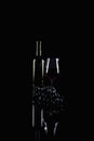 Glass and bottle of red wine and red grapes with reflaction on dark background