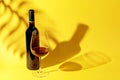 Glass and bottle of red wine on a yellow background Royalty Free Stock Photo