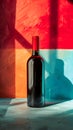 A glass bottle of red wine on a table against a colorful wall Royalty Free Stock Photo