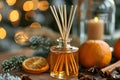 Reed Diffuser Bottle Next to Oranges and Cinnamons. Generative AI