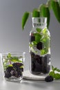 Glass bottle with refreshing flavored water with blackberries and mint