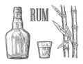 Glass and bottle of rum with sugar cane.