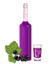 Glass bottle and shot with black currant liqueur