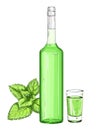 Glass bottle and shot with mint liqueur