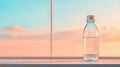 Glass bottle sits on surface with liquid. Sky with clouds visible behind. Soft light creates a peaceful scene. Refreshment Royalty Free Stock Photo