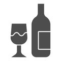 Glass and bottle solid icon. Wine bottle and wineglass glyph style pictogram on white background. Winery signs for Royalty Free Stock Photo