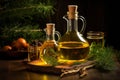 Glass bottle with spruce oil and fir branches standing on wooden table on black background