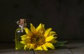 glass Bottle of sunflower oil with flower. wooden table. black background still life Natural Homemade rustic. beautiful Royalty Free Stock Photo