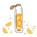 Glass bottle and tasty orange drink. Orange beverage - juice on white Royalty Free Stock Photo