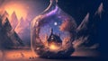 glass bottle with tavern house and castle in background inside in rocky night landscape, neural network generated art Royalty Free Stock Photo