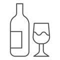 Glass and bottle thin line icon. Wine bottle and wineglass outline style pictogram on white background. Winery signs for Royalty Free Stock Photo