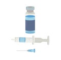 Glass bottle with vaccine, medicinal preparation in liquid form. disposable syringe and needle. Vector stock illustration 