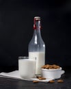 glass and bottle of vegetarian almond milk on dark background