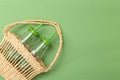 Glass bottle in wicker basket on green background. Sustainable lifestyle. Undertone. Copy space