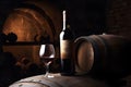 Glass and a bottle of wine on the background of barrels in the cellar, Generative AI