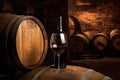 Glass and a bottle of wine on the background of barrels in the cellar, Generative AI