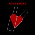 Glass bottle of wine with heartshape isolated on background. Love story. Valentine Day. Logo for restaurant menu. Vector flat