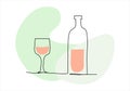 A glass and a bottle of wine one line drawing colored with pastel colors. Vector illustration. Royalty Free Stock Photo