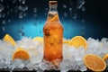 Glass bottle with a zesty orange drink and crushed ice inside