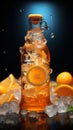 Glass bottle with a zesty orange drink and crushed ice inside