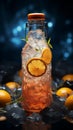 Glass bottle with a zesty orange drink and crushed ice inside