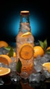 Glass bottle with a zesty orange drink and crushed ice inside